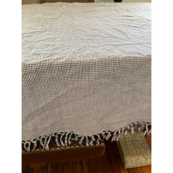 Preppy Blue and White Gingham Check Fringed Square Tablecloth - Picture 5 of 6